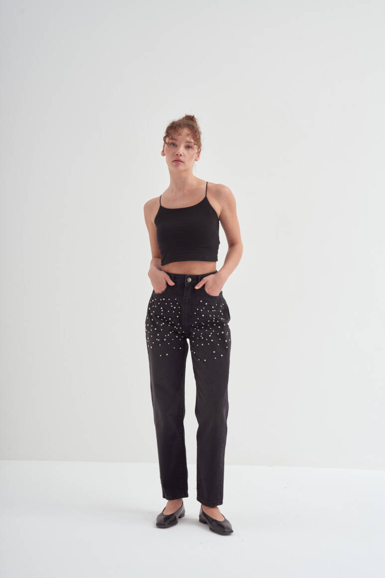 Taş İşlemeli Mom Fit Pantolon Siyah - 3