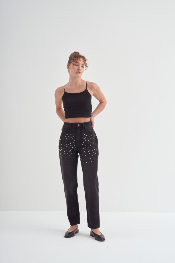 Taş İşlemeli Mom Fit Pantolon Siyah - EMNORA