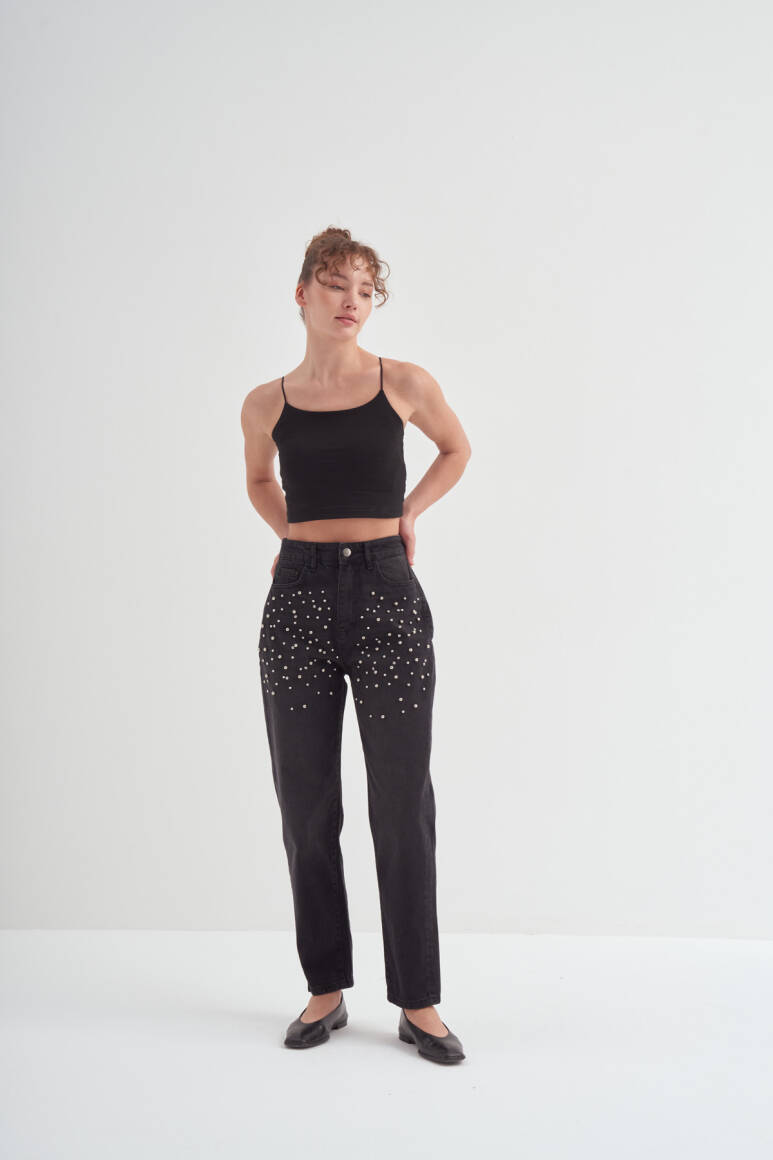 Taş İşlemeli Mom Fit Pantolon Siyah - 1