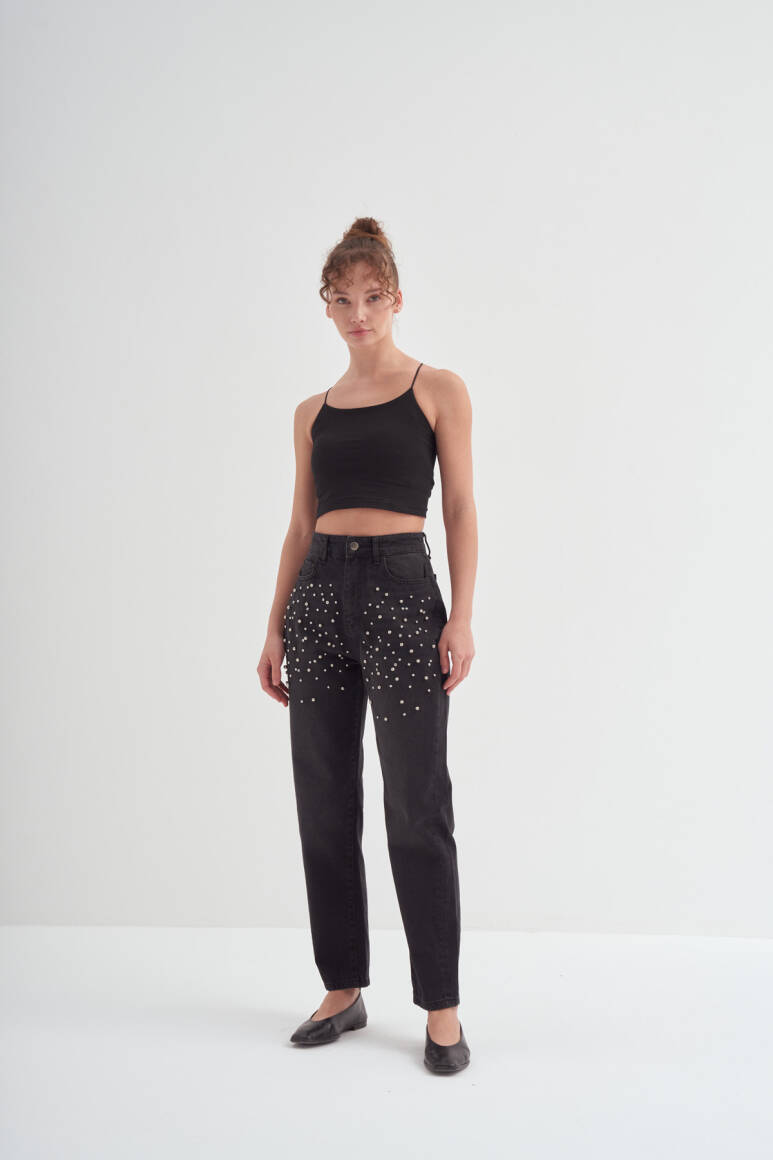 Taş İşlemeli Mom Fit Pantolon Siyah - 2