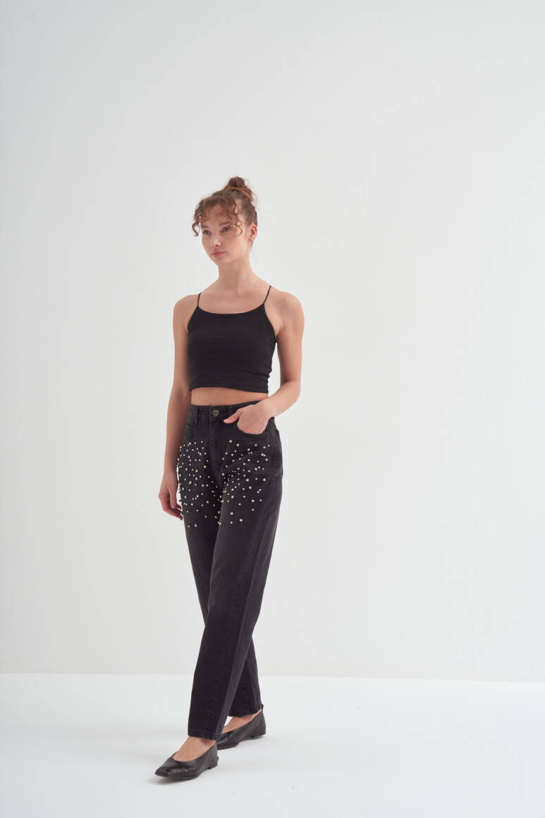 Taş İşlemeli Mom Fit Pantolon Siyah - 10