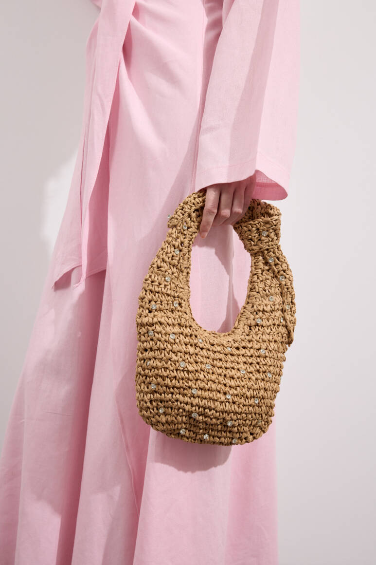 Taşlı Hasır Çanta Camel - EMNORA