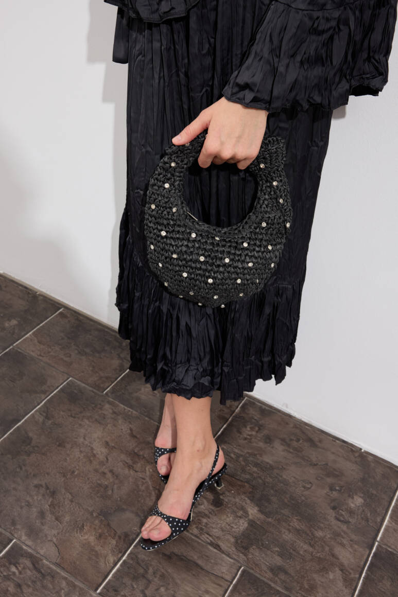 Taşlı Hasır Çanta Siyah - EMNORA