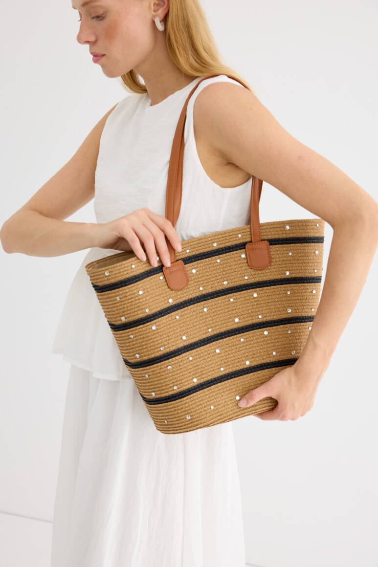 Taşlı Hasır Tote Çanta Siyah Şeritli Camel - EMNORA