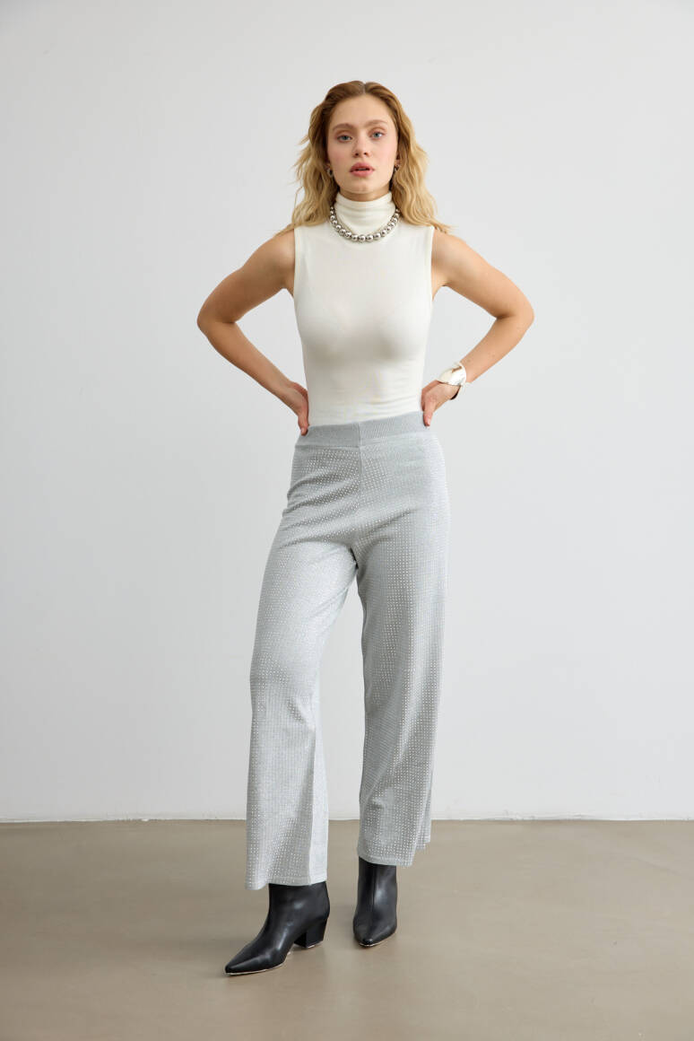 Taşlı Triko Pantolon Gümüş - 2