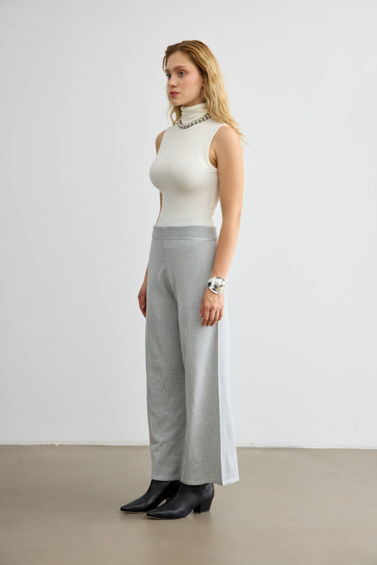 Taşlı Triko Pantolon Gümüş - 3