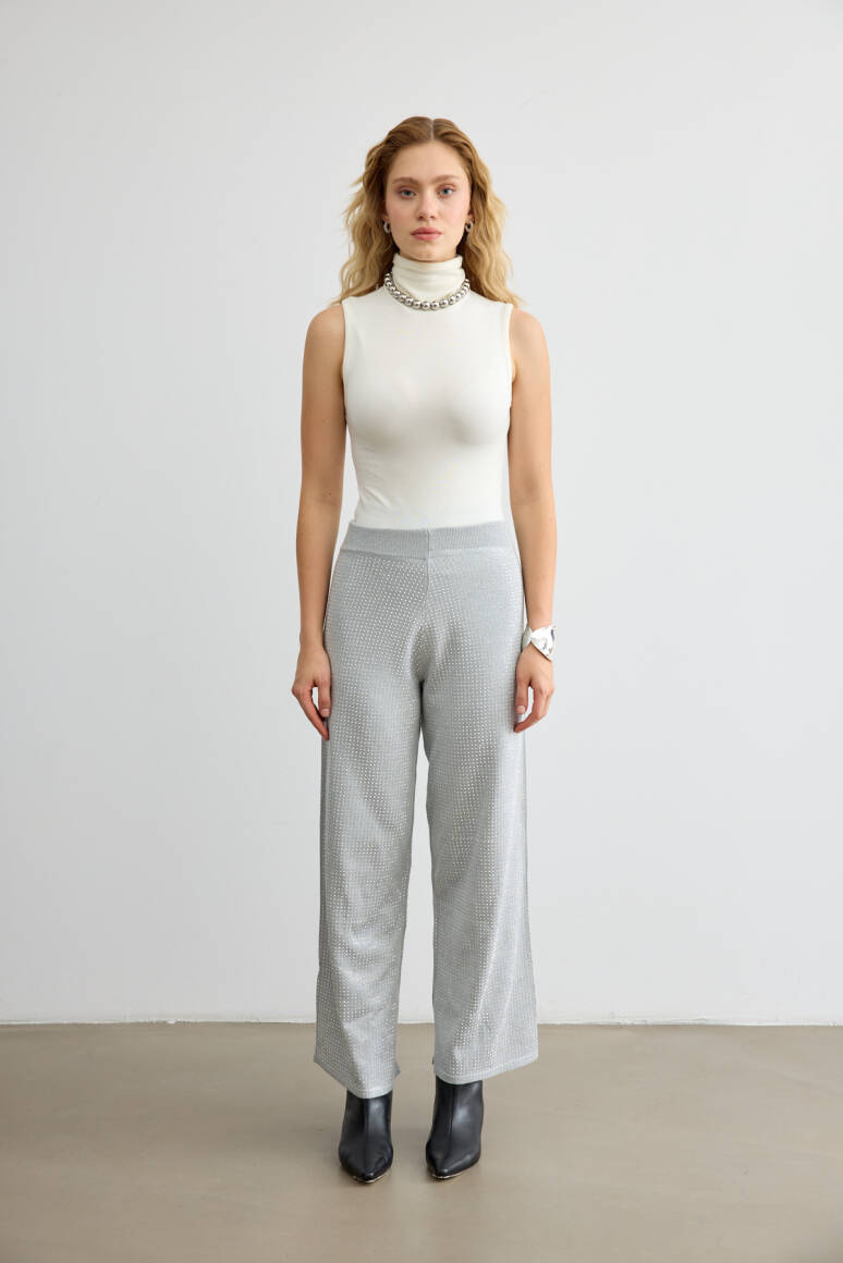 Taşlı Triko Pantolon Gümüş - 1