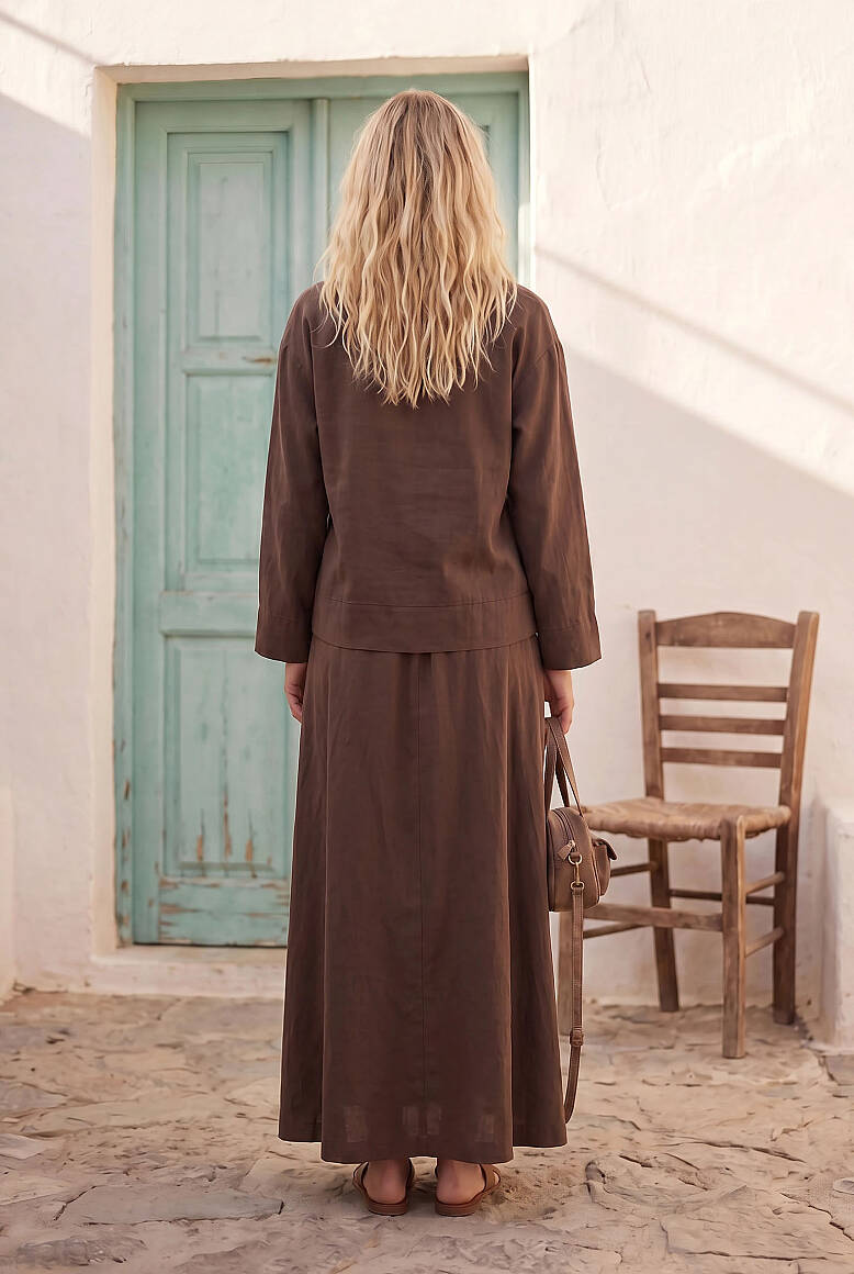 Tek Düğmeli Kimono Keten Bluz Acı Kahve - 3