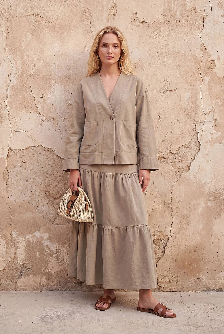 Tek Düğmeli Kimono Keten Bluz Çağla Yeşili - 1