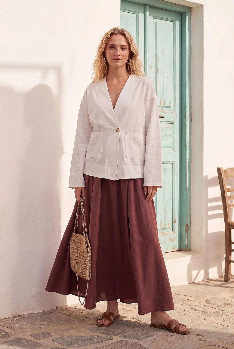 Tek Düğmeli Kimono Keten Bluz Ekru - 1