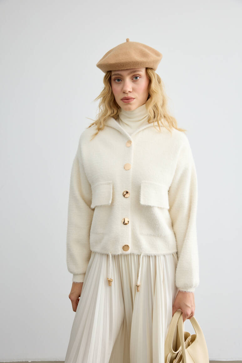 Tüylü Triko Bomber Bej - EMNORA