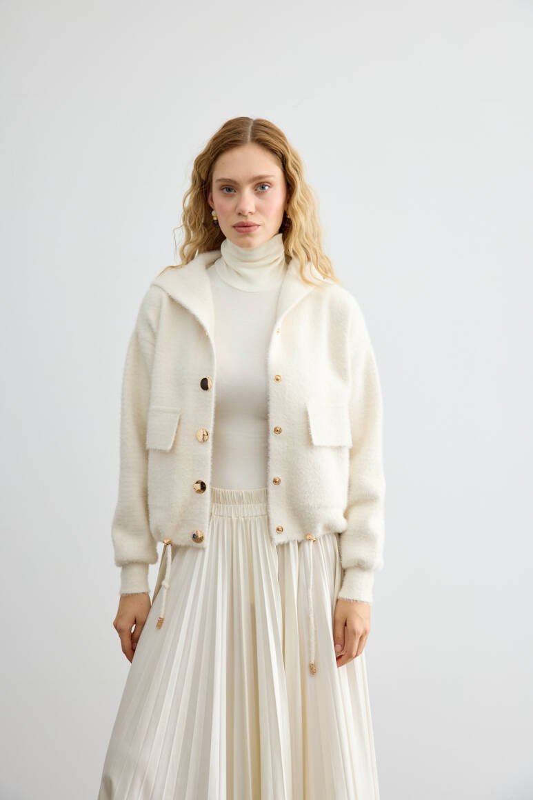 Tüylü Triko Bomber Bej - 3