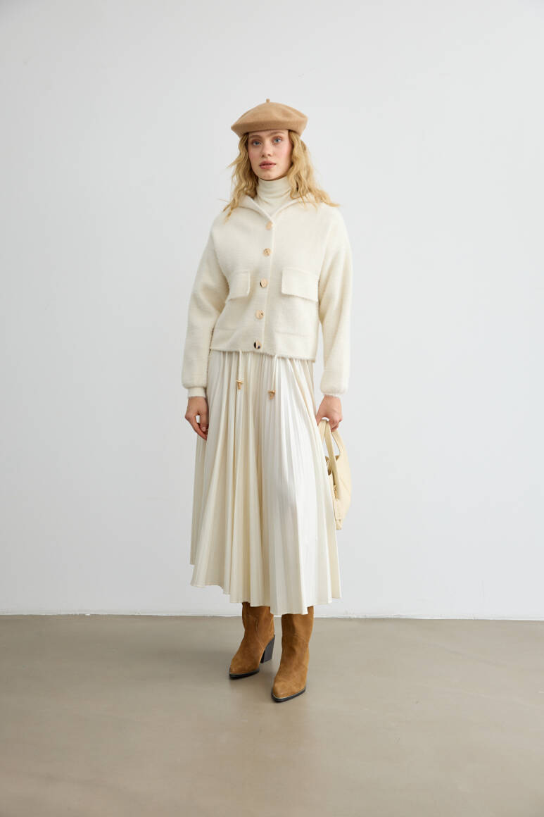 Tüylü Triko Bomber Bej - 5