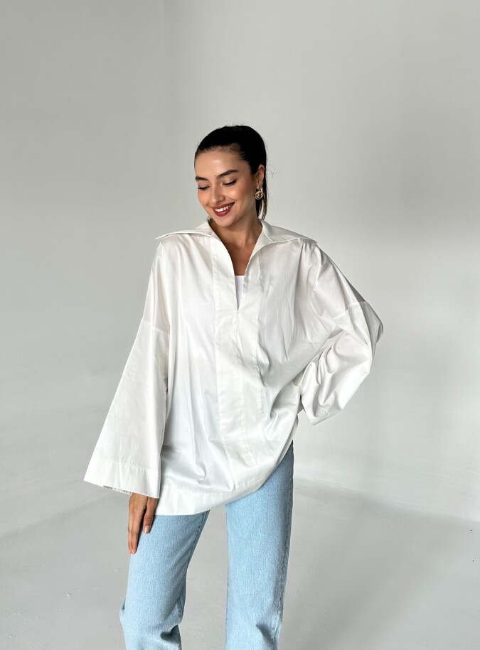 V Kesim Polo Yaka Poplin Gömlek Beyaz - EMNORA