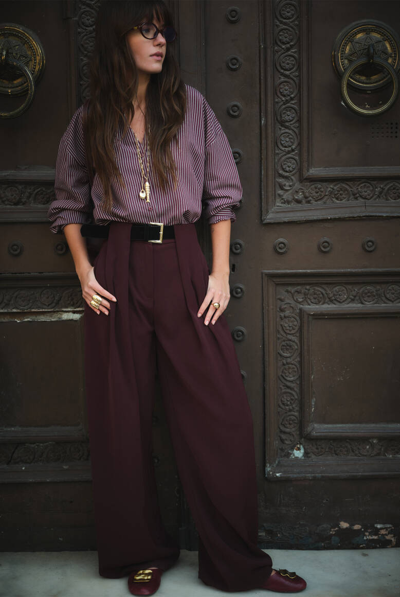 V Yaka Çizgili Gömlek Burgonya - 8