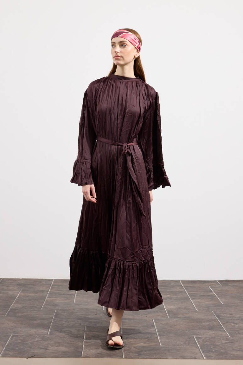 Velora Crush Saten Elbise Burgonya - EMNORA