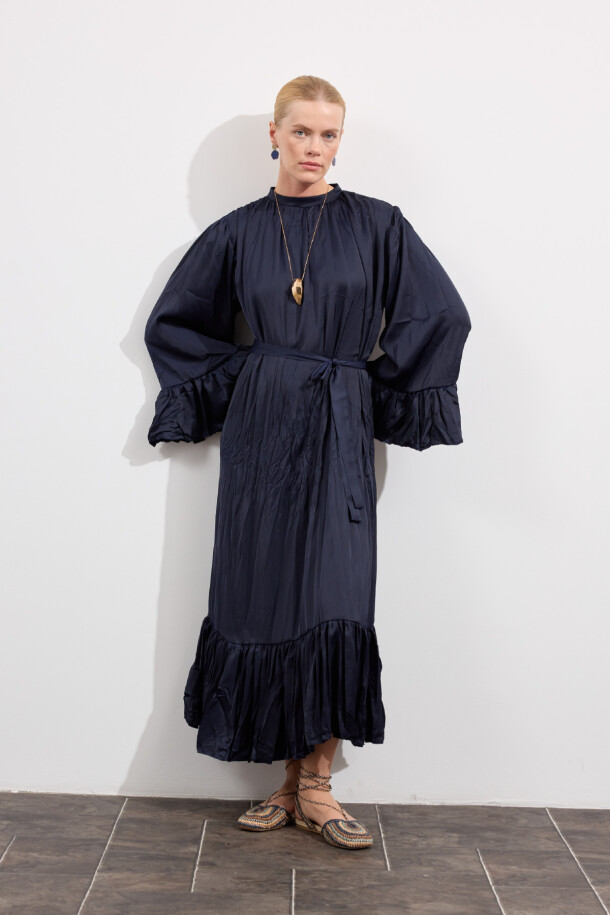 Velora Crush Saten Elbise Lacivert - EMNORA