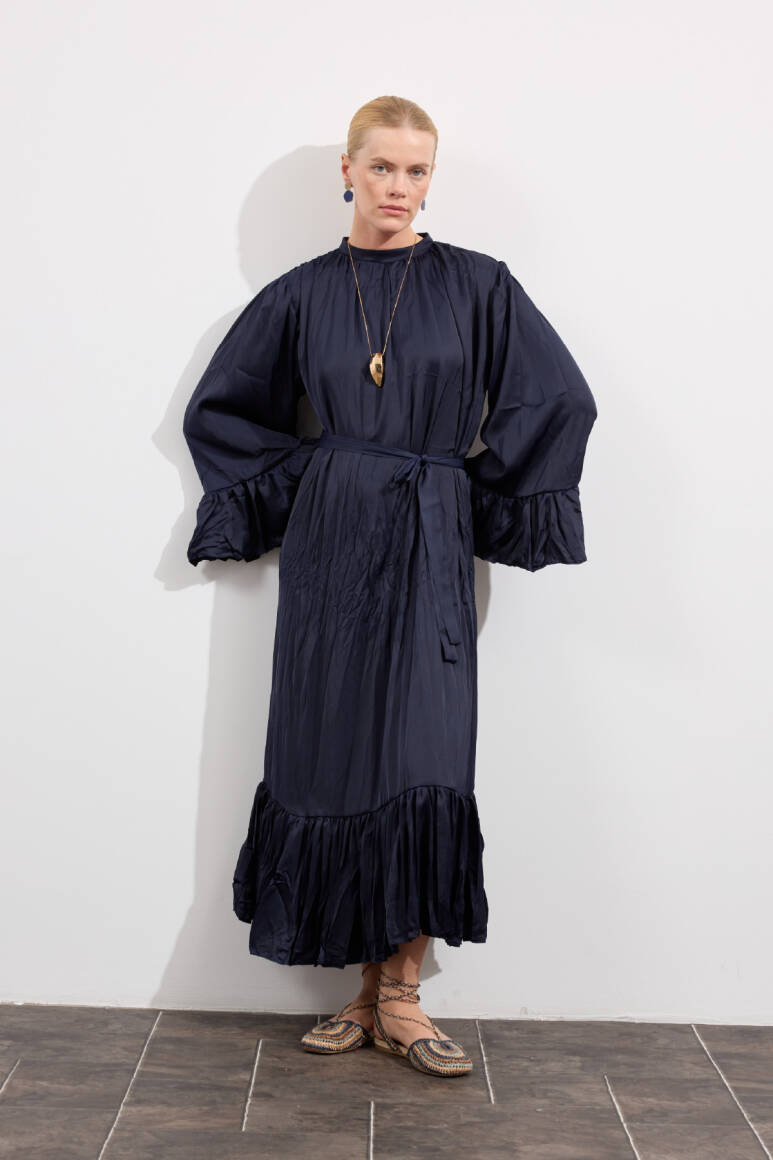 Velora Crush Saten Elbise Lacivert - EMNORA