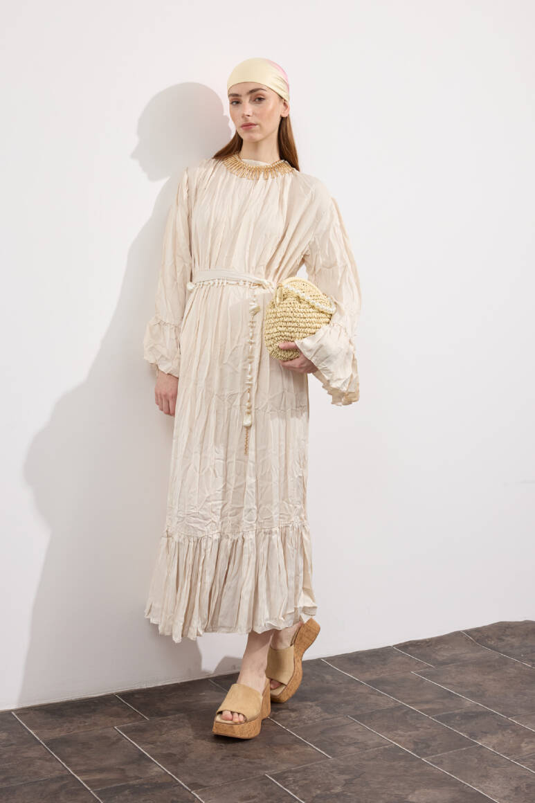 Velora Crush Saten Elbise Taş - EMNORA