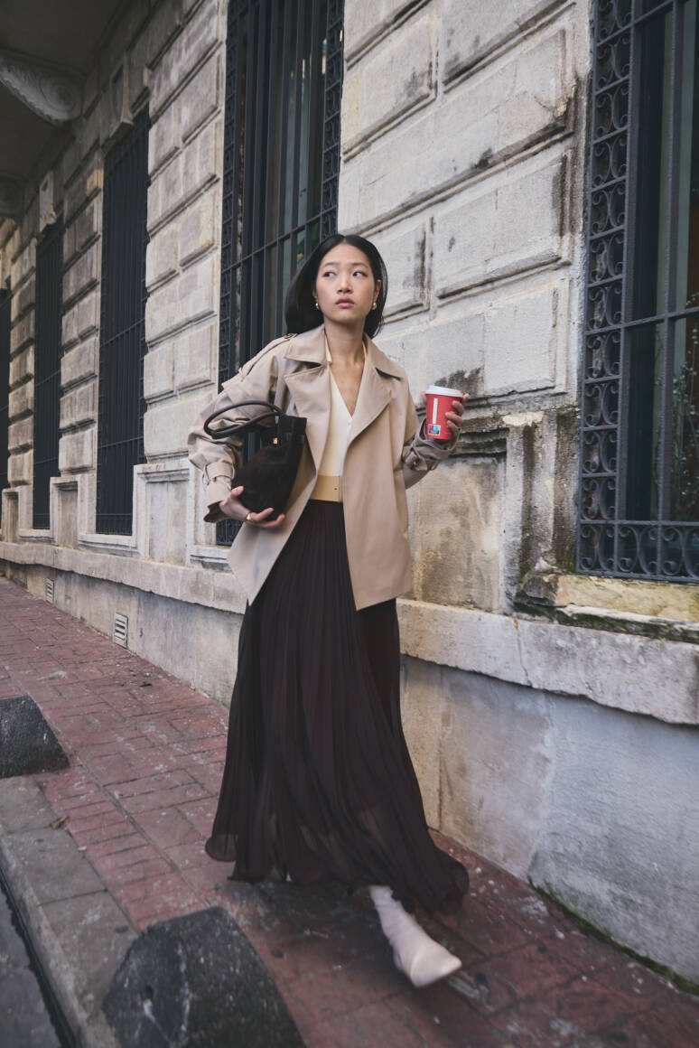 Violet Pileli Etek Acı Kahve - EMNORA