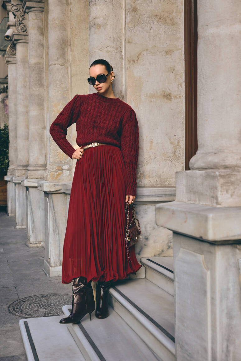 Violet Pileli Etek Bordo - EMNORA