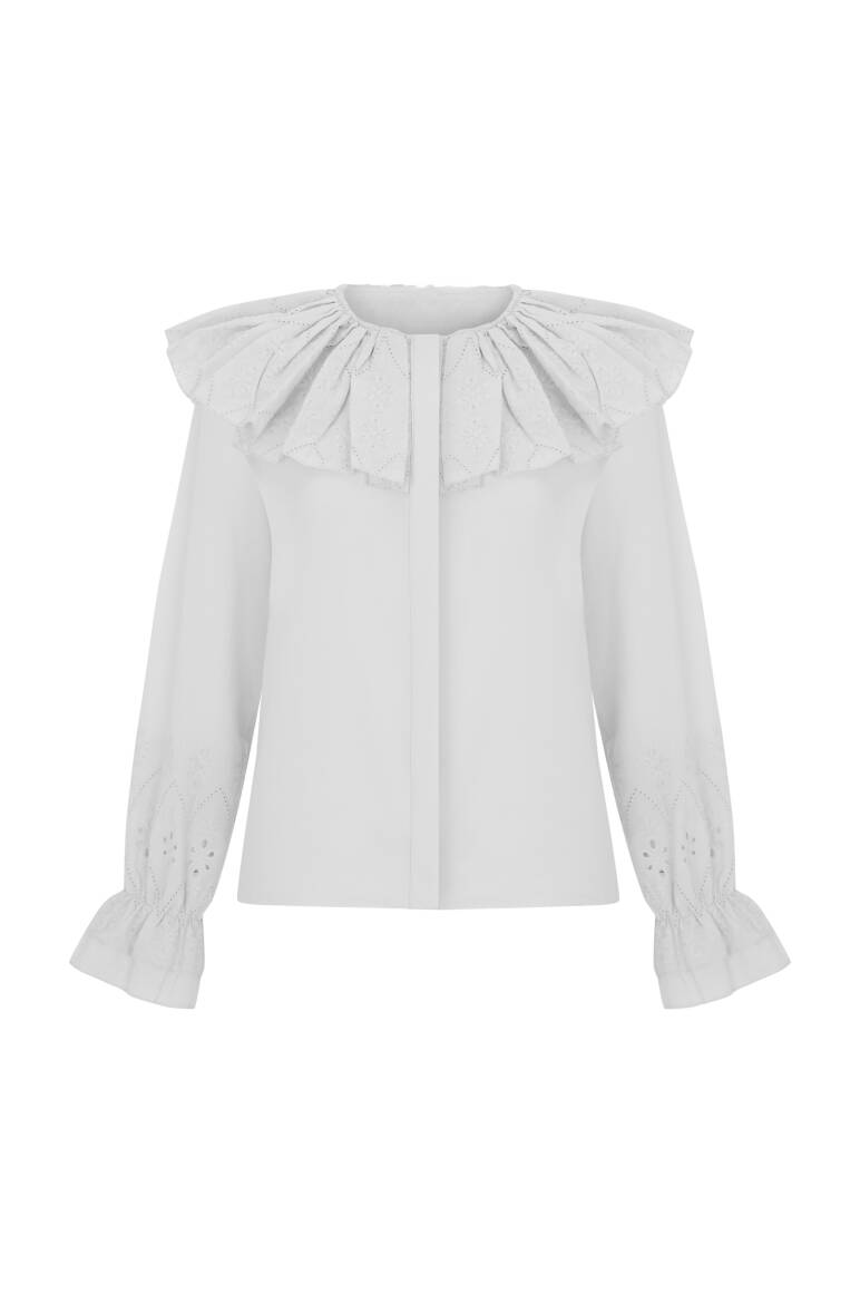 Yakası Fırfırlı Brode Gömlek Ekru - EMNORA