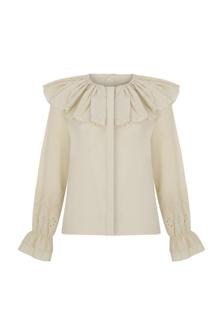 Yakası Fırfırlı Brode Gömlek Soft Sarı - EMNORA