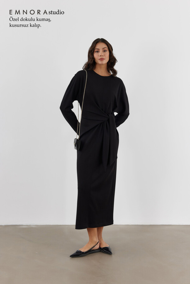 Yandan Düğümlü Elbise Siyah - EMNORA