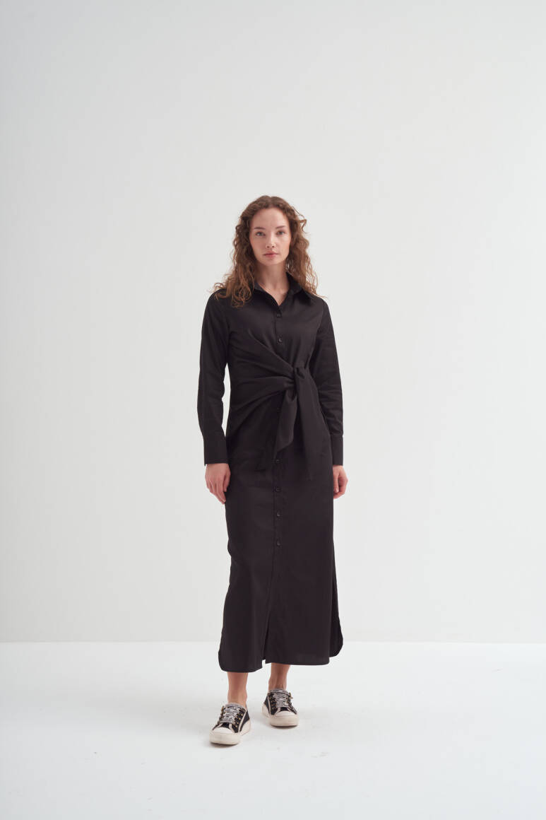 Yandan Düğümlü Gömlek Elbise Siyah - EMNORA