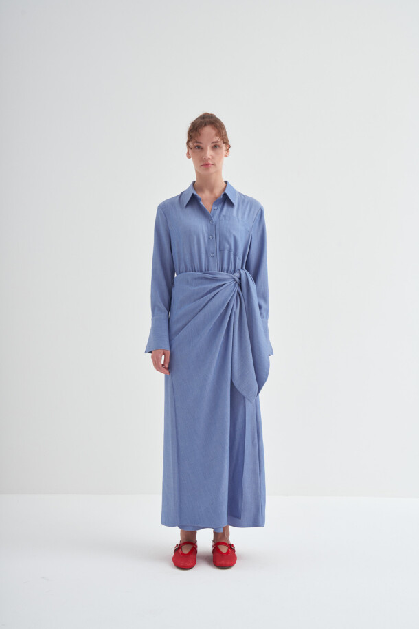 Yandan Düğümlü Anvelop Elbise Açık Mavi - EMNORA