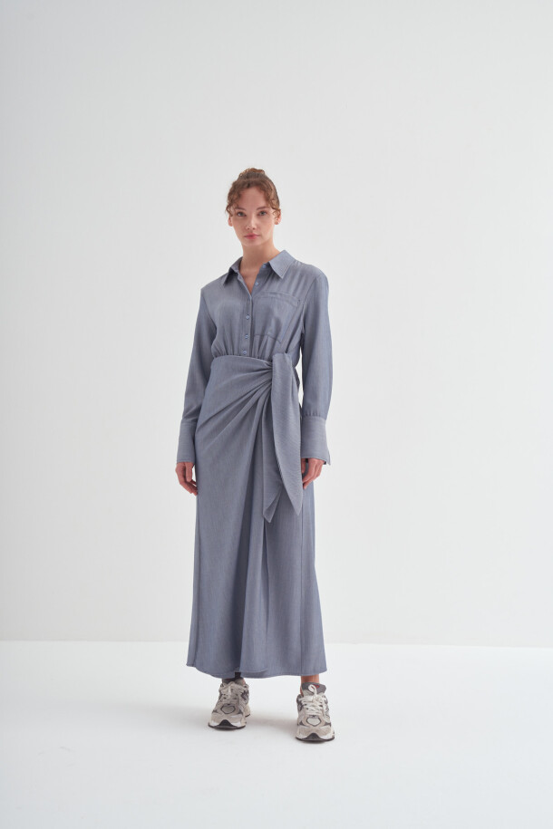 Yandan Düğümlü Anvelop Elbise Koyu Mavi - EMNORA