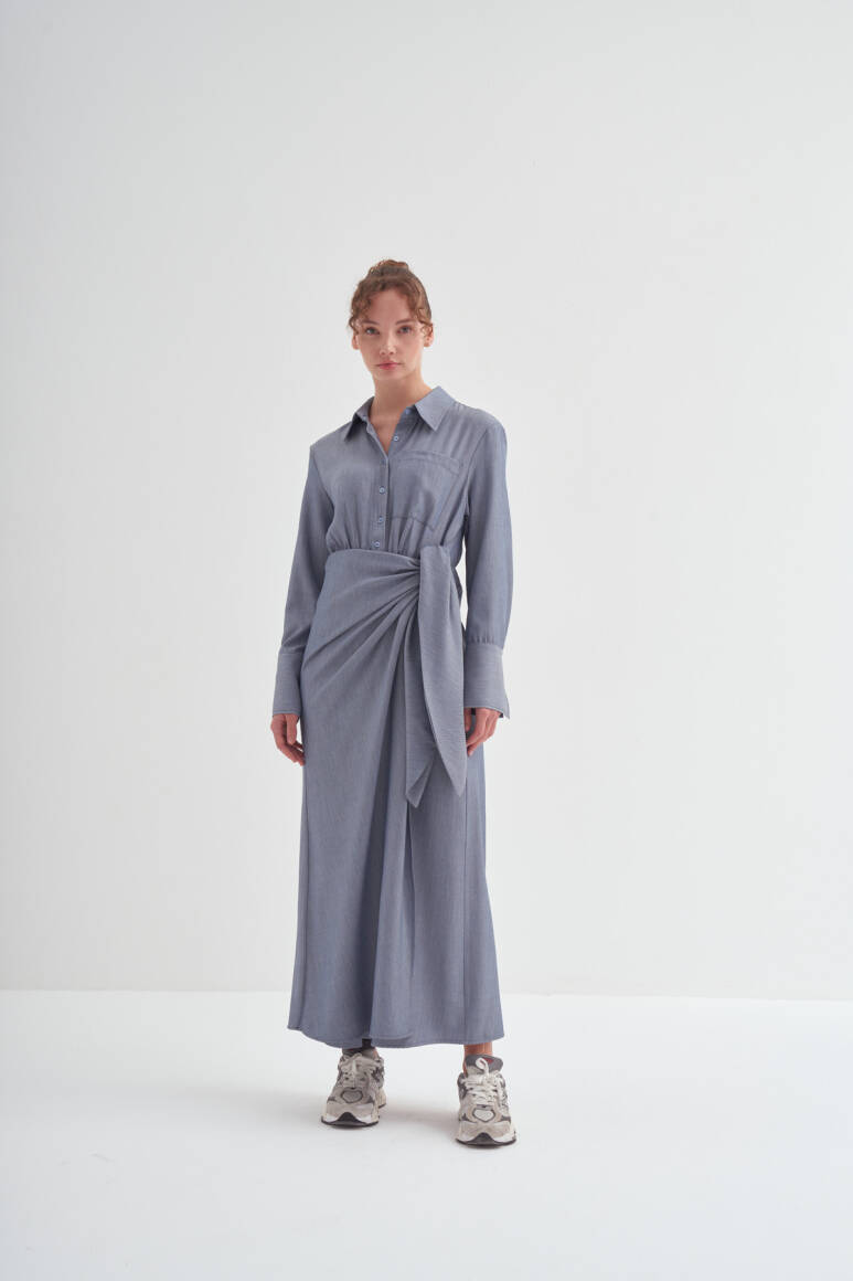 Yandan Düğümlü Anvelop Elbise Koyu Mavi - EMNORA