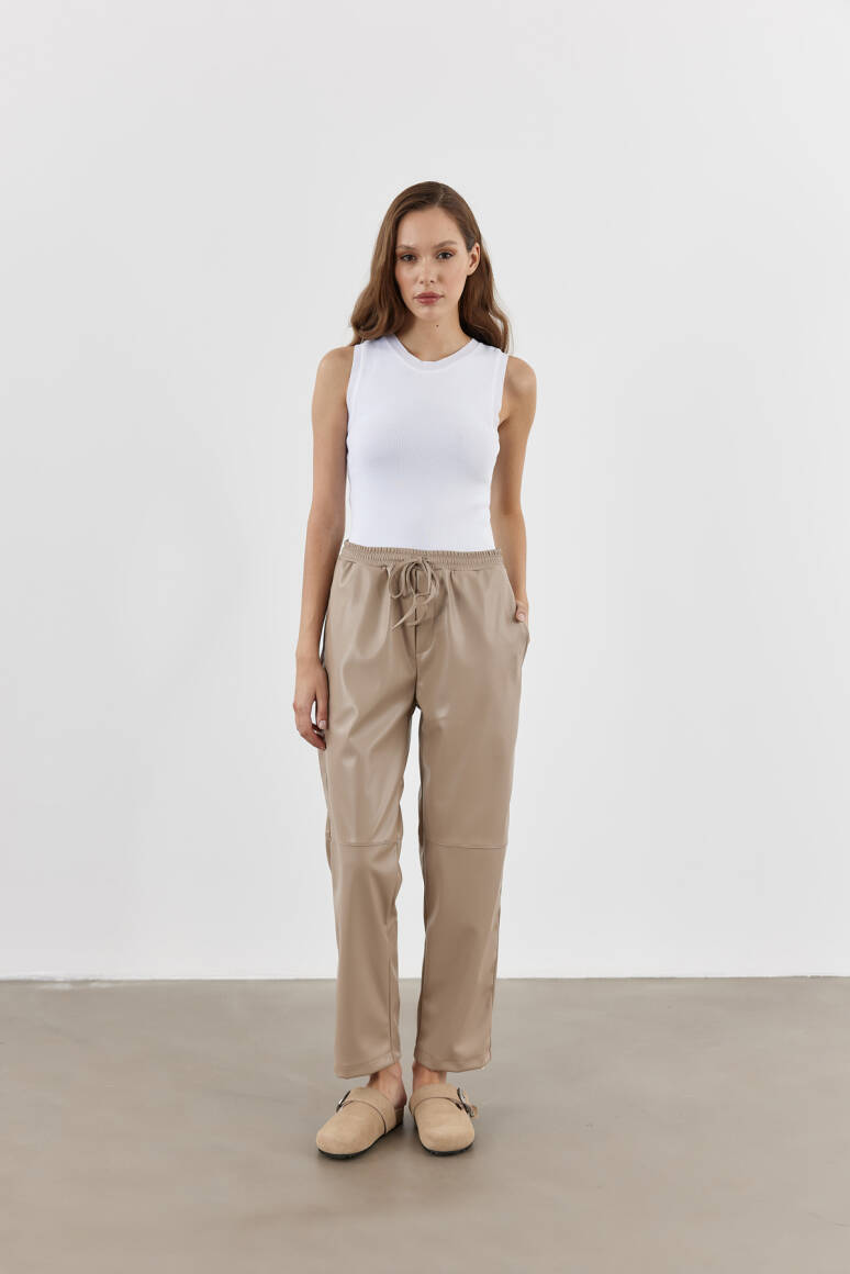 Yüksek Bel Flare Deri Pantolon Bej - EMNORA