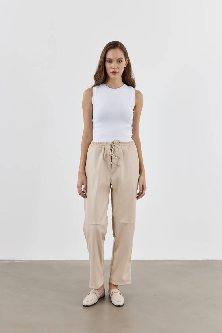 Yüksek Bel Flare Deri Pantolon Taş - EMNORA